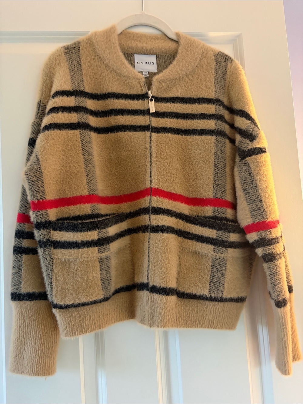 Fuzzy, Zip-Up Bomber Jacket with Red Stripe